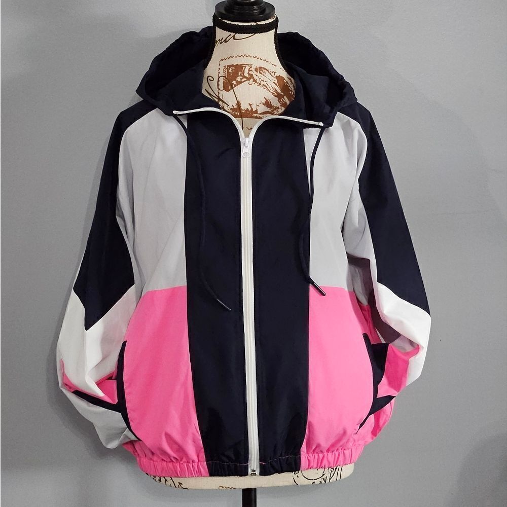 Betsey Johnson Pink, White and Navy light Windbreaker Jacket